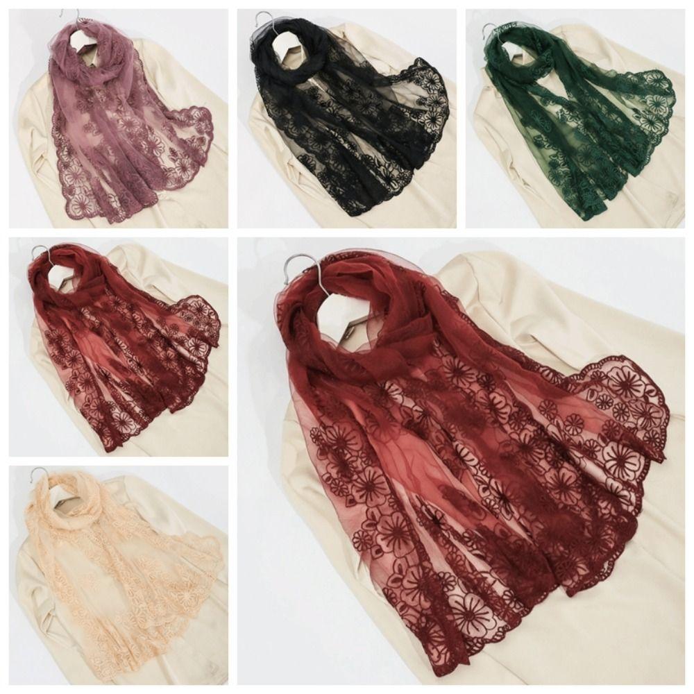 Retro Elegant Lace Scarf Long Thin Retro Style Headscarf Thin Literary Embroidered Flower Shawl Sunscreen
