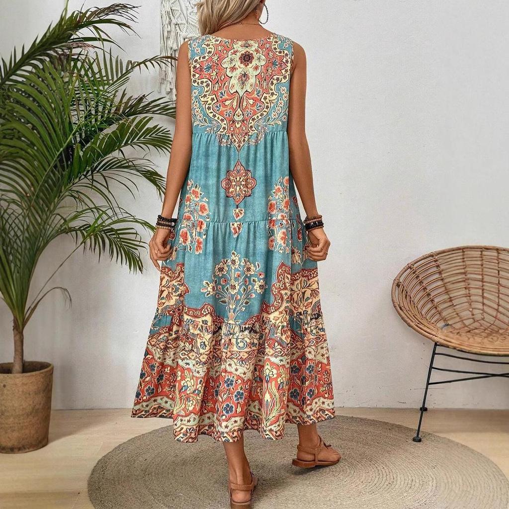 Vestido Maxi Casual de Talla Grande para Mujer con Estampado Floral Bohemio Vestido de Moda sin Mangas Vestido de Verano Vestido Vintage