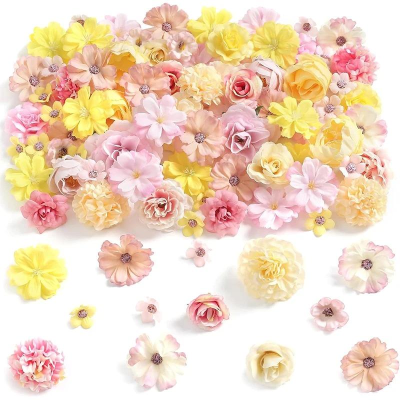 50/90Pcs Mini Random Artificial Silk Flower Heads For Home Room Decoration Fake Rose Peony DIY Wreath Mother's Day Wedding Decor