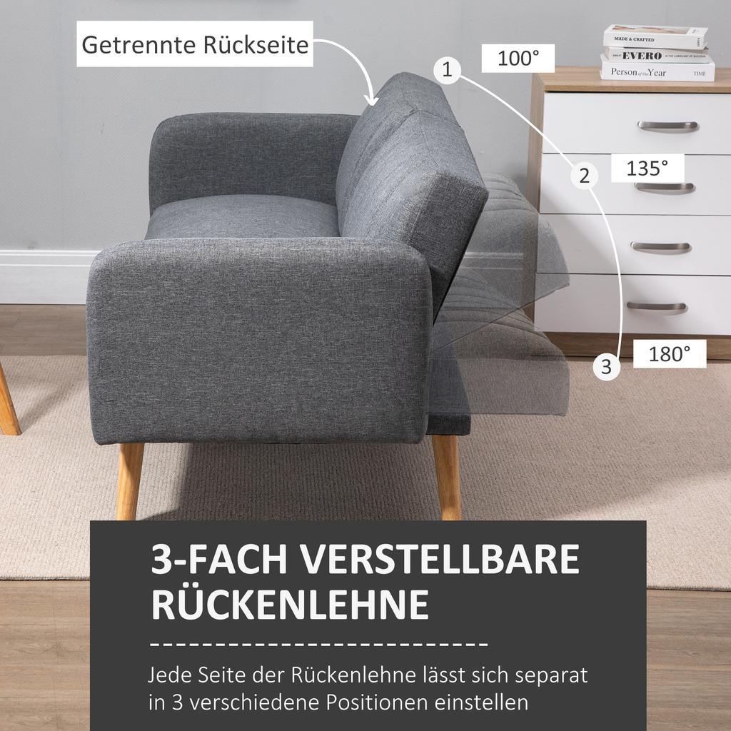 Sleeper Sofa, 2-Seater Fabric Sofa, Sofa with Sleep Function, Linen-Like Polyester, Rubberwood, 173 x 75 x 73 cm, Grey