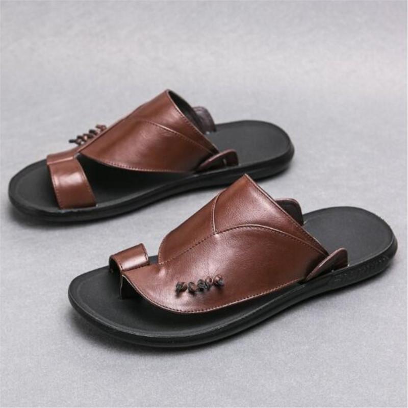 New men's dermis beach shoes summer sandals over toe plus size men's genuine leather flip-flops men sandals D598