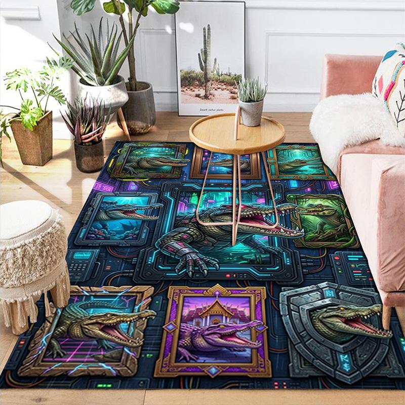 Cyberpunk Crocodile Gallery Pattern Rug Floor Mat for Living Room or Bedroom Soft and Comfortable Carpet a Gift for Birthday and Holiday.