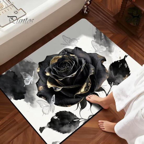 Realistic Rose Bathroom Rug 3D Floor Mat Flower Pattern Non-Slip Bath Anti-slip And Butterflies for Entrance Bedroom Living Room Butterfly Design