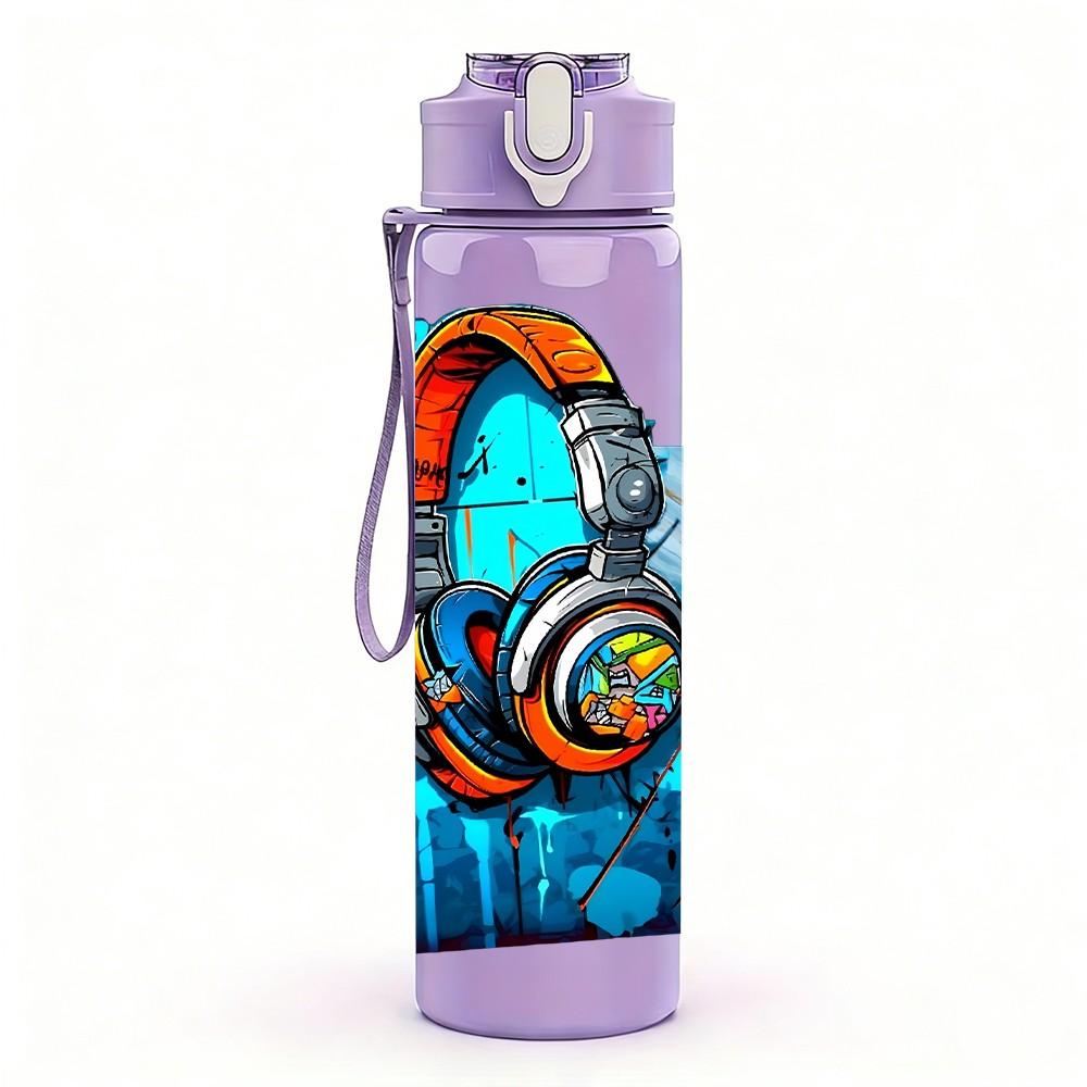 1PC Headphone Blue Tech Graffiti Style Art 750ml Color Plastic Sports Water Bottle Leakproof Flip Straw Lid Suitable for Sports Office Home Use