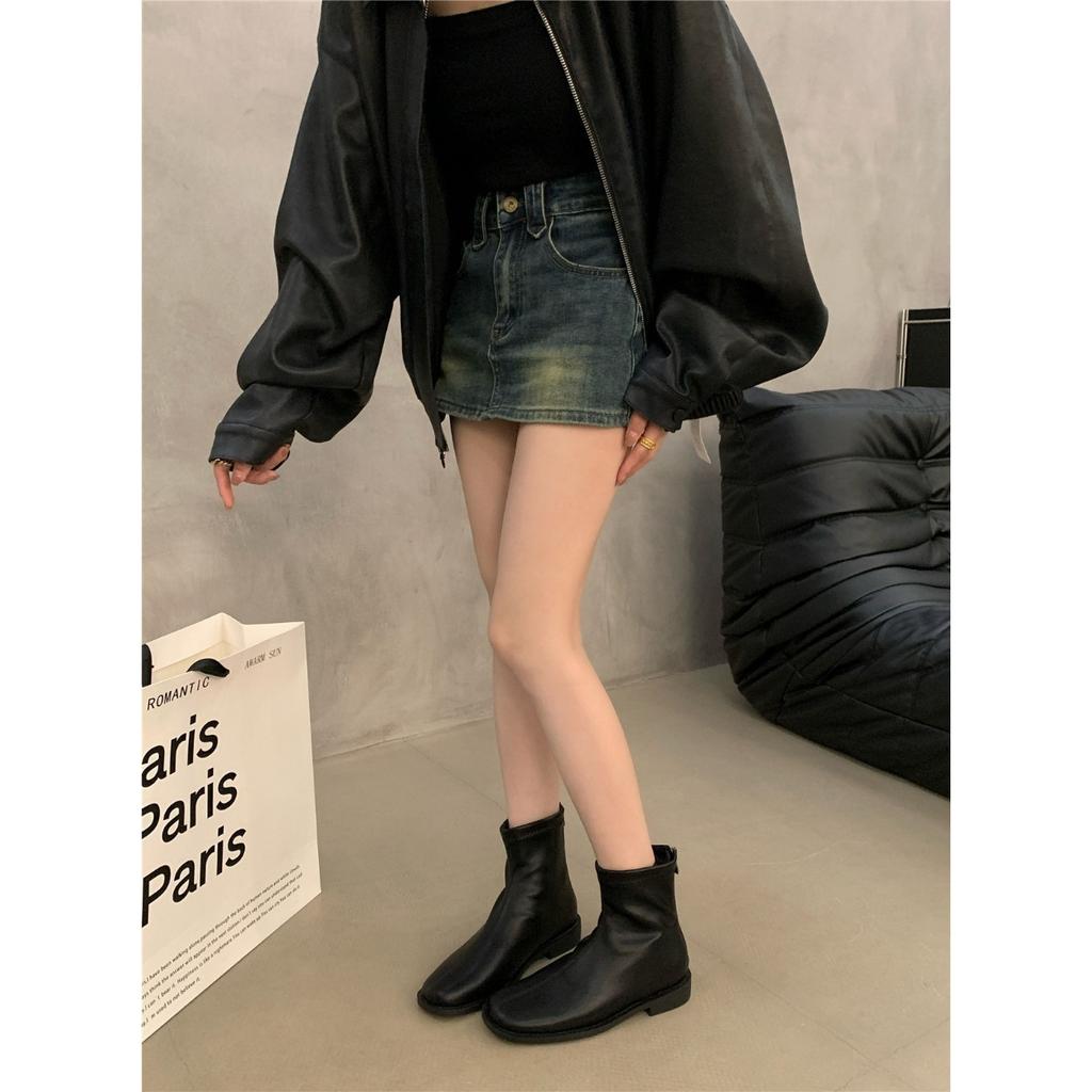 Retro suede French small ankle boots women's new autumn and winter low heel black thin short Martin boots