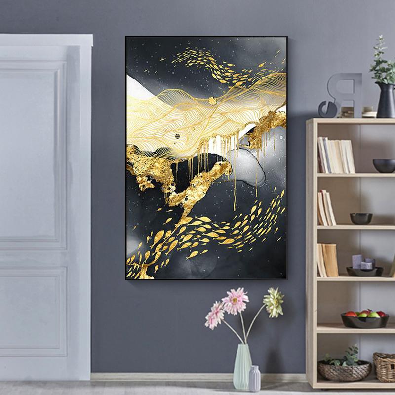 Arte Contemporânea Pintura Abstrata Dourada Preto Branco Tela Cartaz Impressão Decoração Nórdica Arte de Parede Picutre Decoração Moderna para Casa