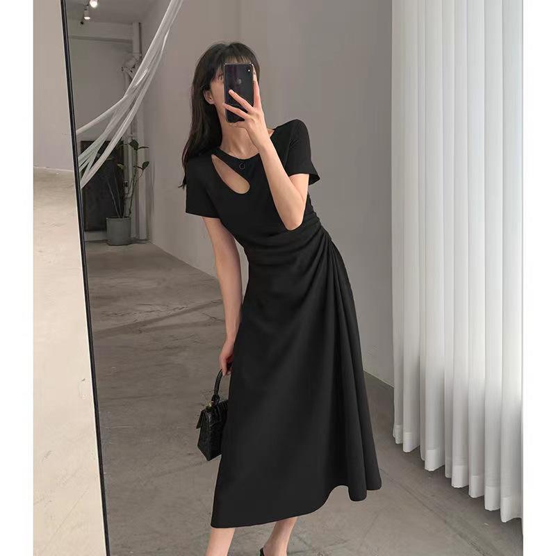 Women's Round Neck Short Sleeve Midi Dress Slim Mid Waist Hollow Cutout Ruched Side A Line Elegant Hepburn Style Summer Long Dress