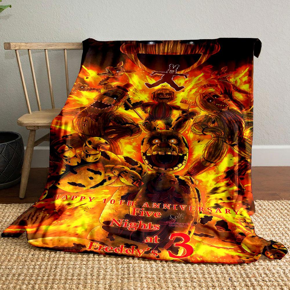 Burning animatronics surrounded by fire and chaos dominate the composition. for all seasons blanket lunch break throw gift