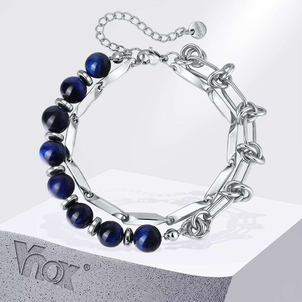Vnox Men's Stainless Steel Double Layer Blue Tiger Eye Bracelet, Hip Hop Beads Adjustable Chain Wristband, Cool Fashion Jewelry