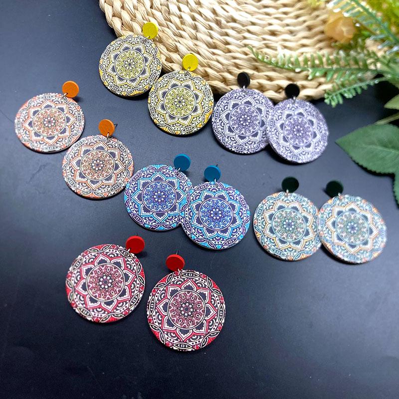 Ethnic Vintage Round Printed Wooden Earrings for Women Simple Muticolor Flower Pattern Drop Earring Daily Party Jewelry