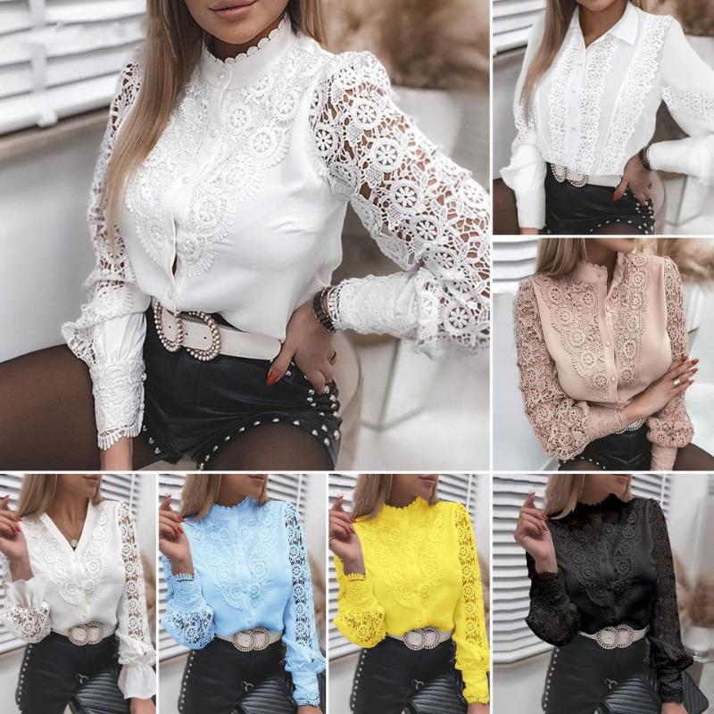 Women S Long Sleeve Lace V Neck Solid Color Blouse