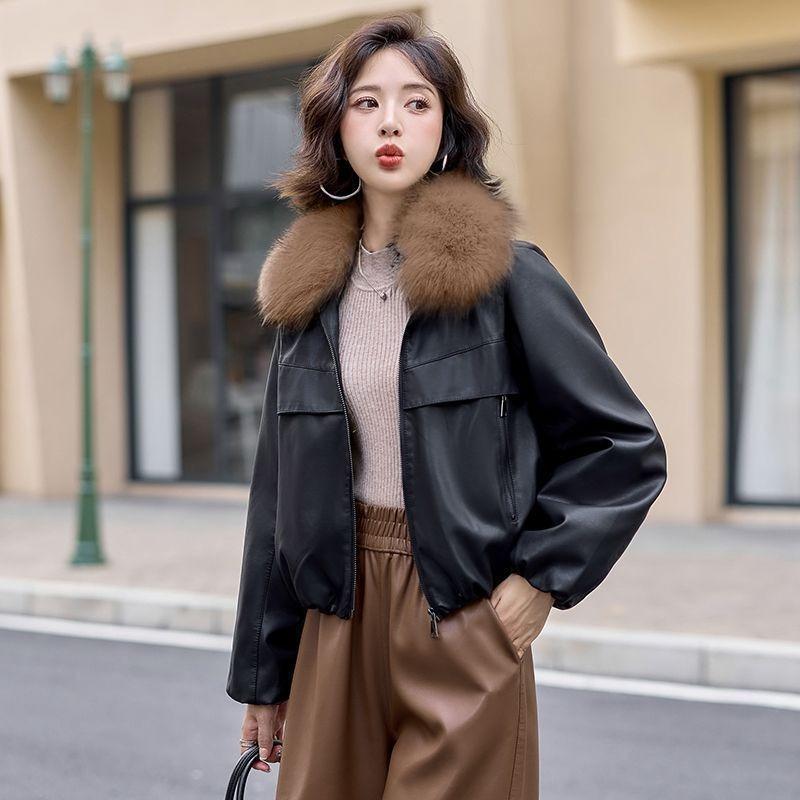 

Removable women s fur collar short new leather jacket autumn and winter loose and thin jacket jacket S recommends 80-47.5kg