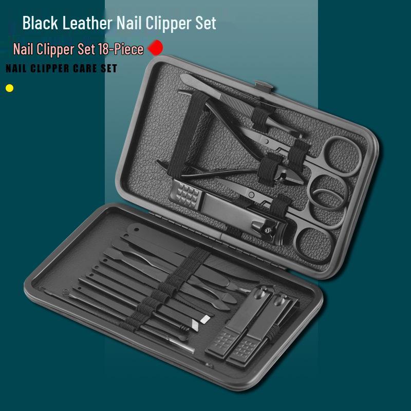 Black Stainless Steel Nail Care Set: 18-Piece Manicure Kit with Clippers, Scissors, Blackhead Remover, Pedicure Knife, and Beauty Pliers.