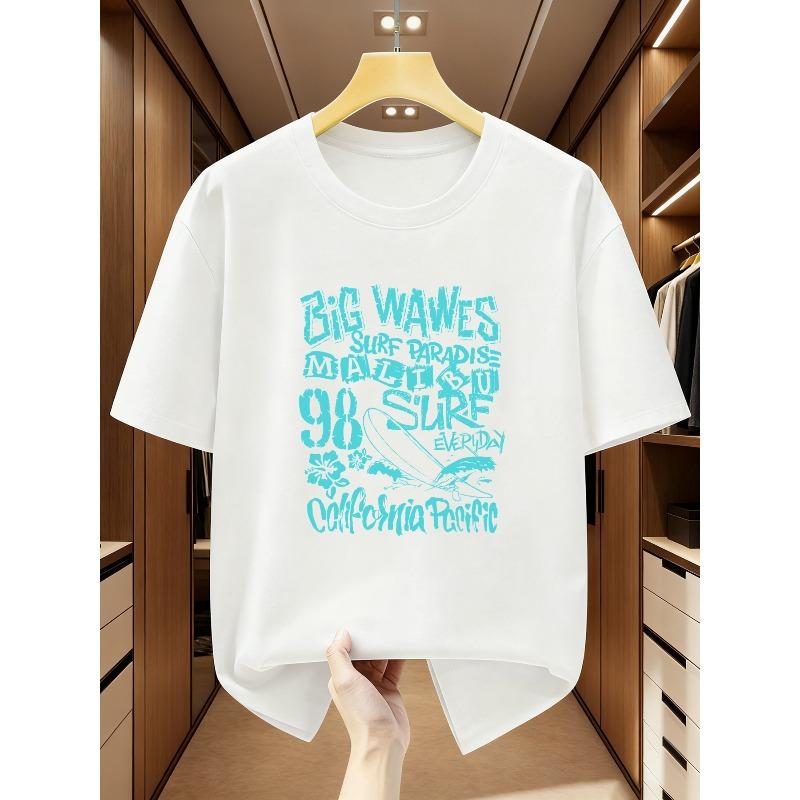 European Size Plus Size Men s T-Shirt  Cotton California Pacific Style Big Wave Surfing Paradise 98 Surfing Daily Surfing Print Short-Sleeved T-Shirt S белый