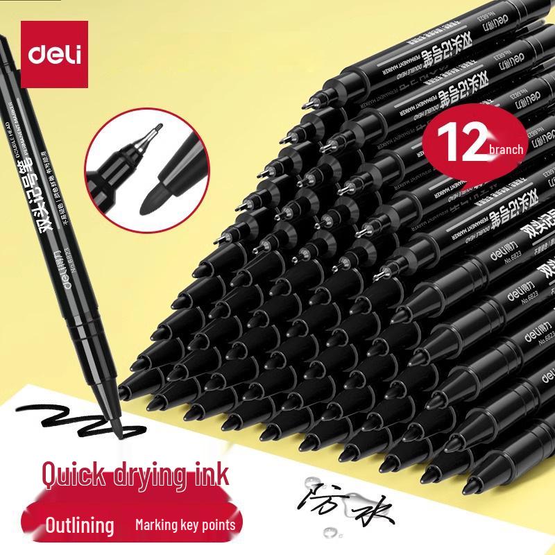 Deli Double-Ended Black Oil-Based Fine Tip Marker for Art Students and Children's Drawing