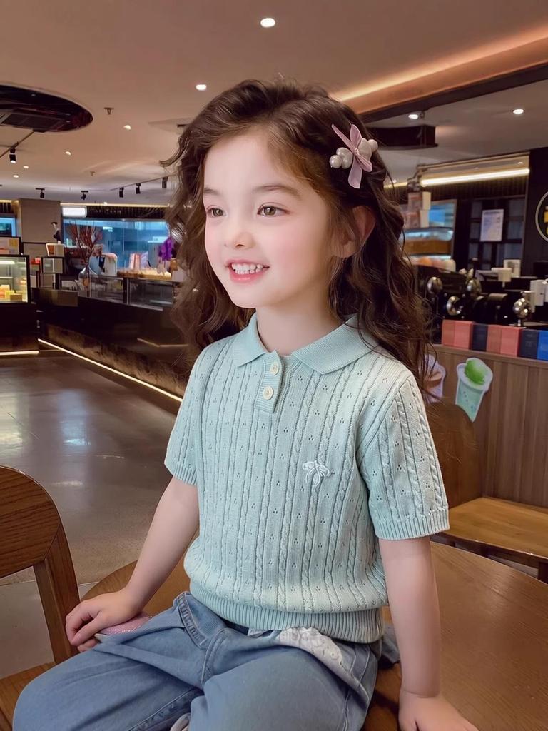 Girls' Academy Style Korean Short-Sleeve Knit Top