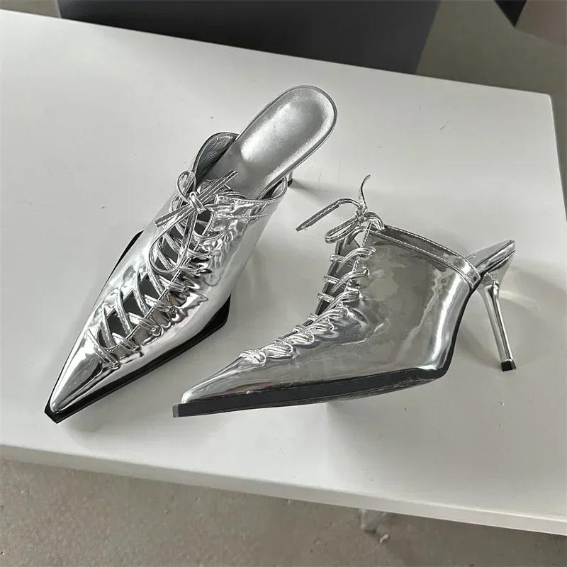 Fashion New Sexy T-tied Lace-up Pointed Toe Women Pumps Slippers 2025 Summer Elegant Thin High Heels Party Prom Mules Shoes for Women