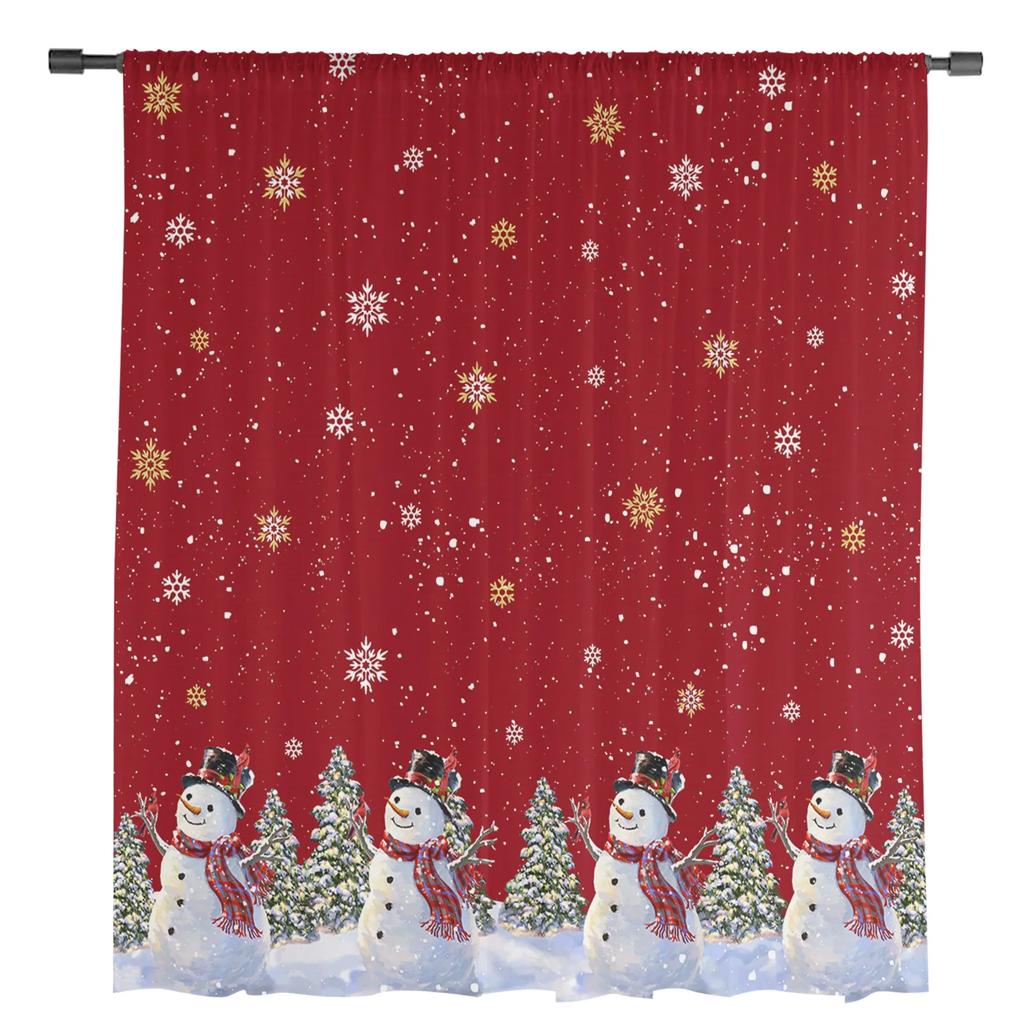 Christmas Tree Snowman Snowflake Red Sheer Curtains for Living Room Decoration Window Curtains Kitchen Tulle Voile Curtains