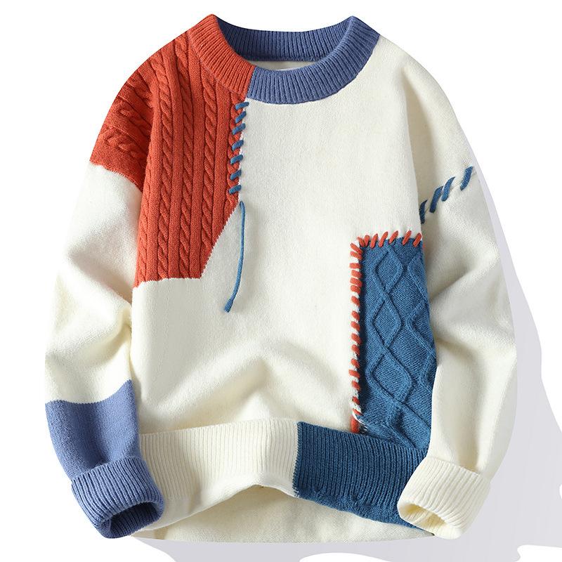 

Men s Trendy Color Block Patchwork Cable Knit Sweater - Loose Fit, Warm Autumn/Winter Outerwear M