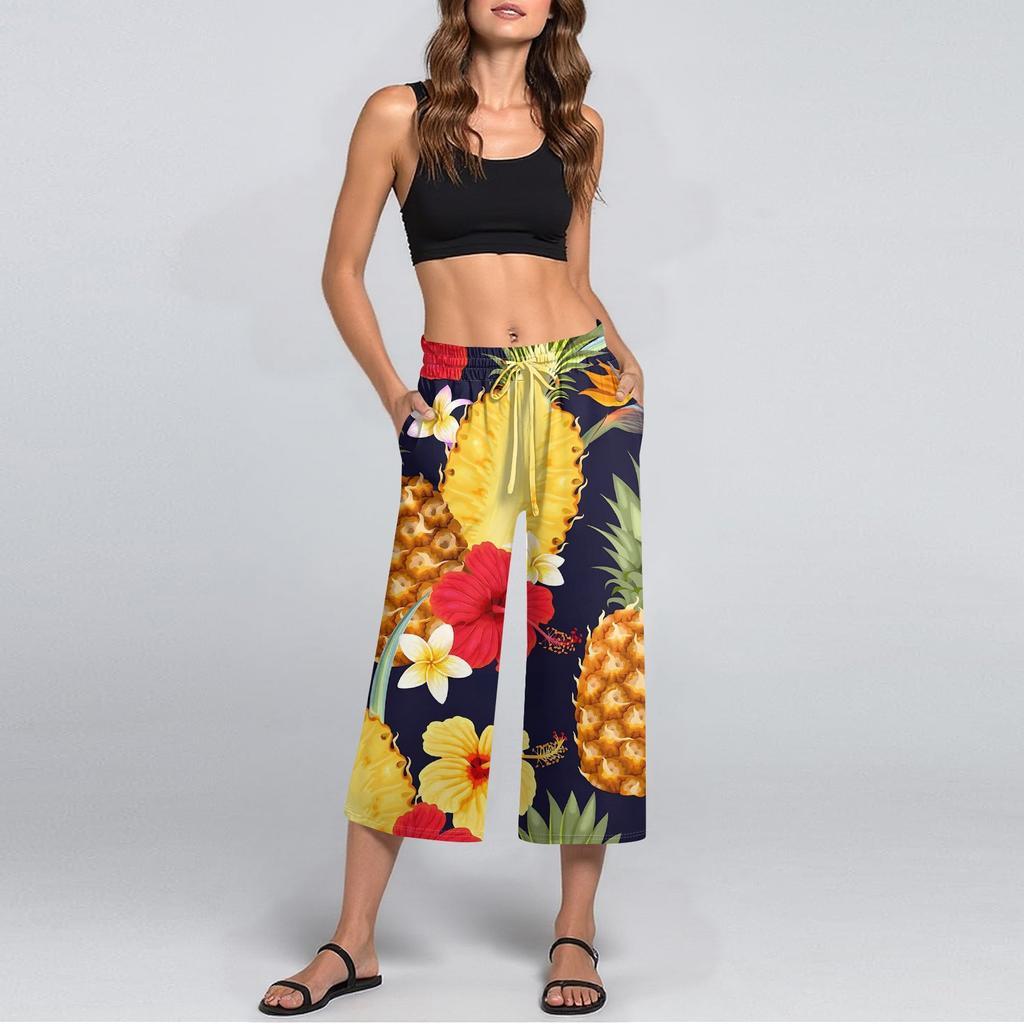 Damen Sommer Hohe Taille Bedruckte Freizeit-Sportbekleidung Lässige Cropped-Hose Weite Hose