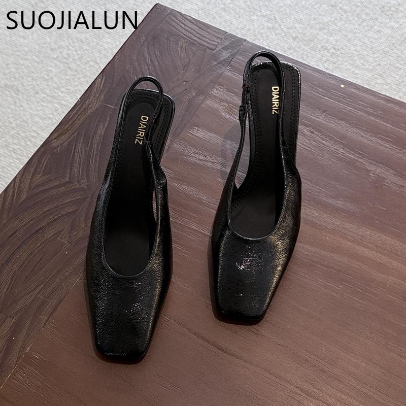 Fashion SUOJIALUN 2025 Spring New Brand Women Sandal Fashion Red Square Toe Shallow Slip On Slingback Shoes Thin High Heel Dress Pumps