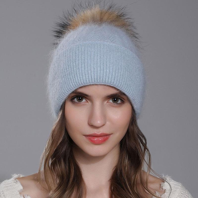 New Natural Raccoon Fur Pompom Knit Hat For Women Warm Angora Rabbit Bonnet Women's Winter Fleece Hats Casual Female Caps