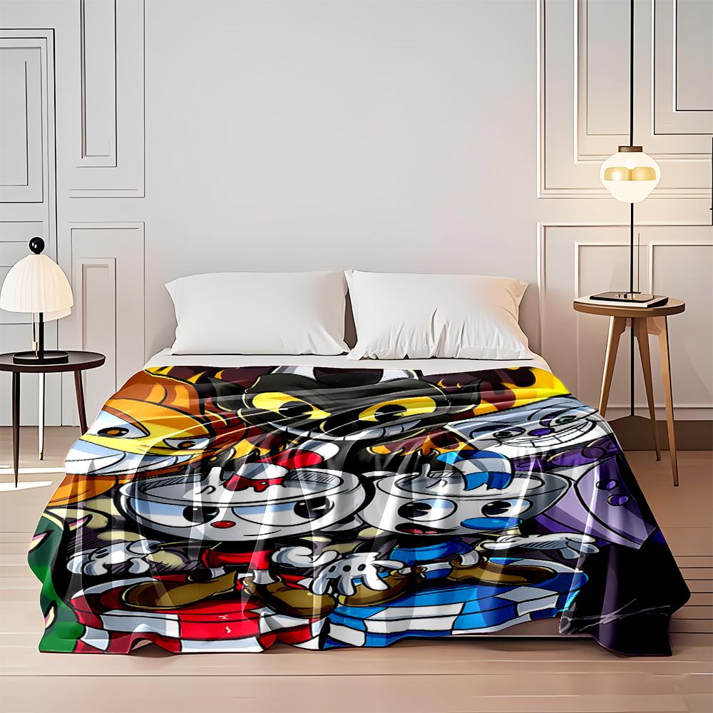 "Cartoon Cupheads and Devil Gaming Characters Flannel Blanket for Bedroom, Living Room, Sofa, and Nap Sofas"