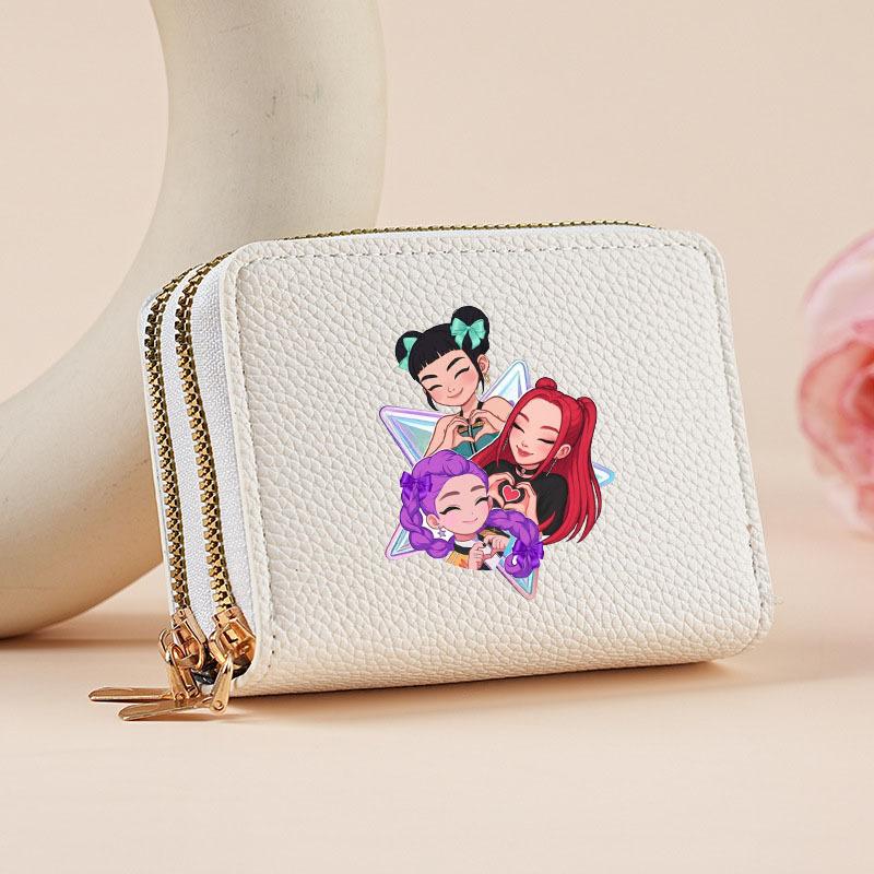 Kpop Hunter Witch Crew Classic Pebble Leather Coin Purse Short Accordion Wallet with Dual Zippers, Multi-Slot Card Holder