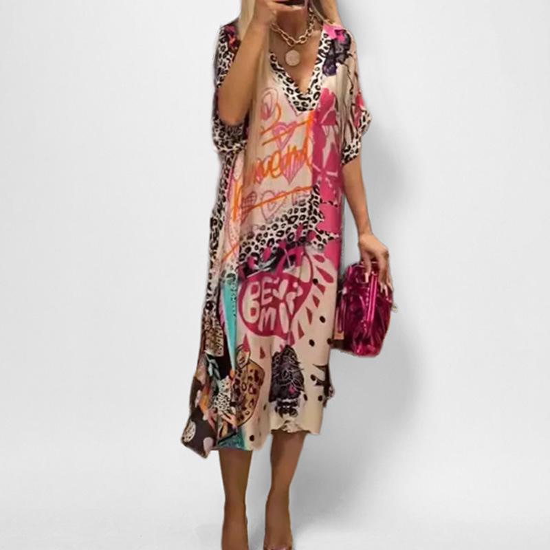 European & American Casual Leopard Print V-Neck Dress - 2025 Trend 3XL розовый