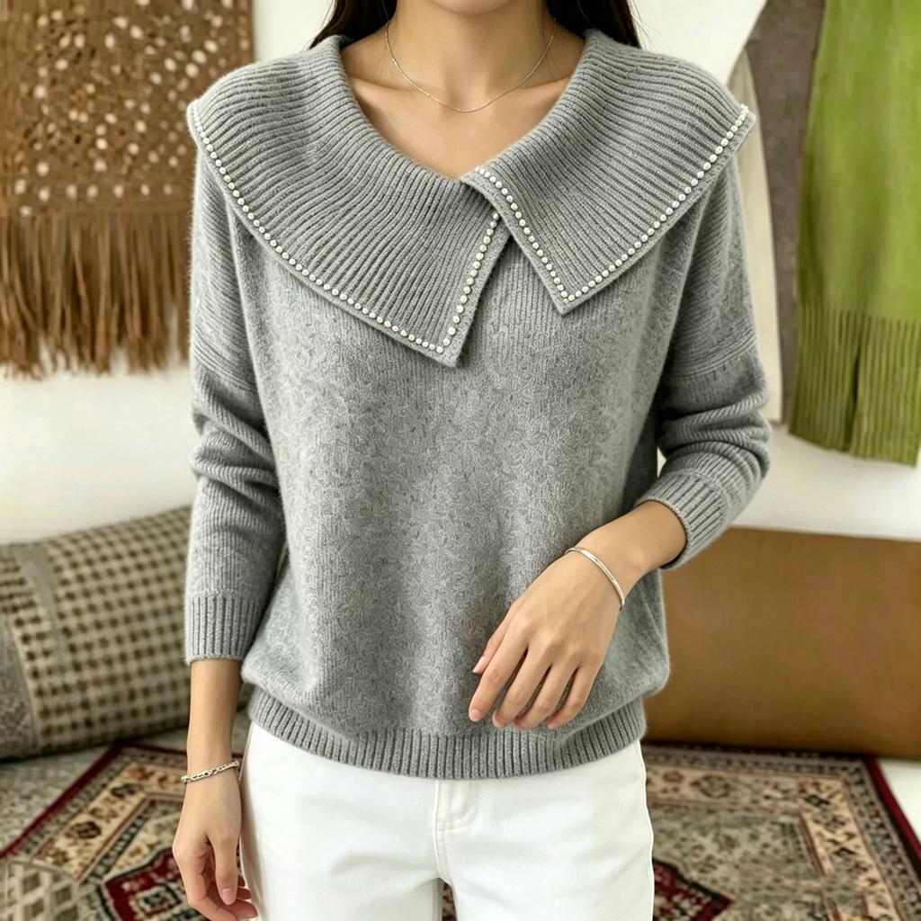 Women's Color Beaded Turn-Down Collar Pullover Sweater Knit Top - Cute Casual Long Sleeve