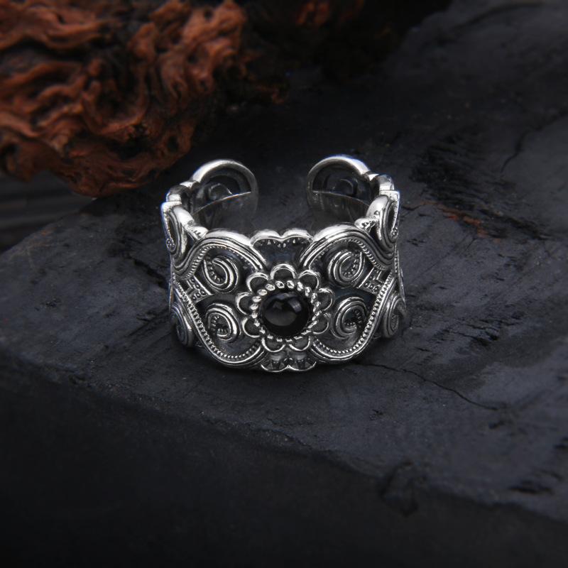Retro Mongolian Flower Pattern Ring for Men Women Silver Color Gothic Adjustable Ring Handmade Unisex Jewelry Accessories Gift