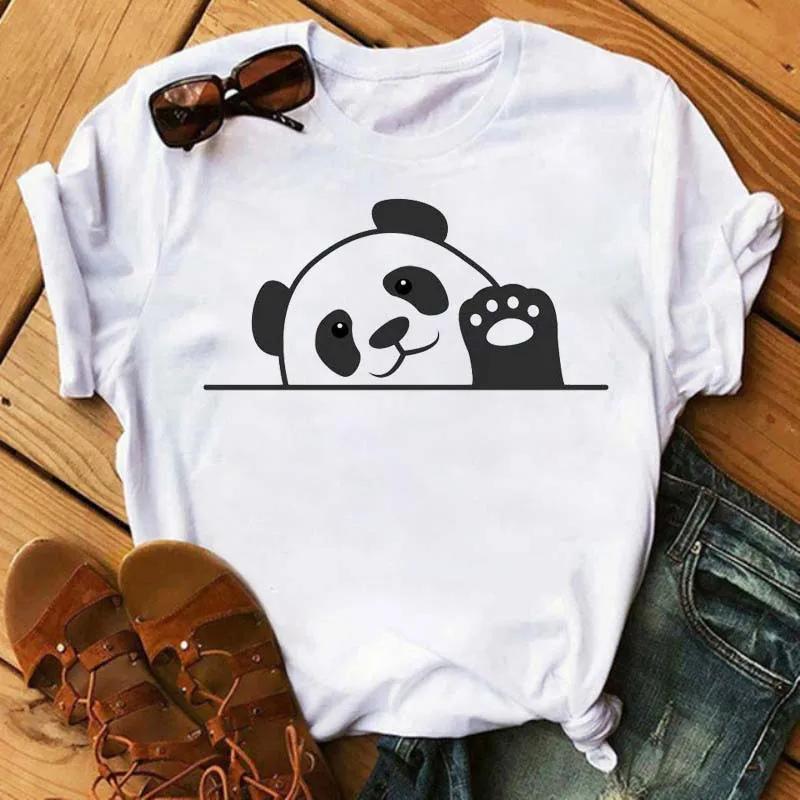 Cute Panda With Sunglasses Graphic Women T-Shirt Minimalist Black Line Animal Print Short Sleeve Casual Streetwear Tee