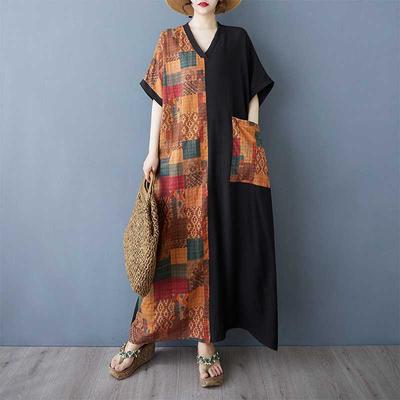 Women's Color Patchwork Black Long Dress Retro Robe