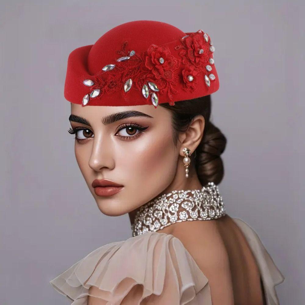 Vintage Topper Hat Flower Felt Beret Uniform Stewardess Hat Formal Hat Fashion Show