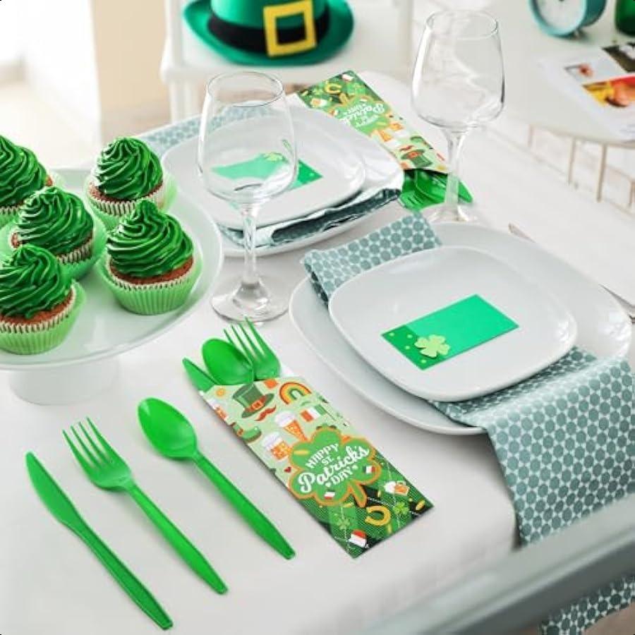400 Pcs Happy St Patrick's Day Silverware Sleeves with Disposable Forks Knives Spoons Plastic Cutlery Utensil Pocket Bag for St