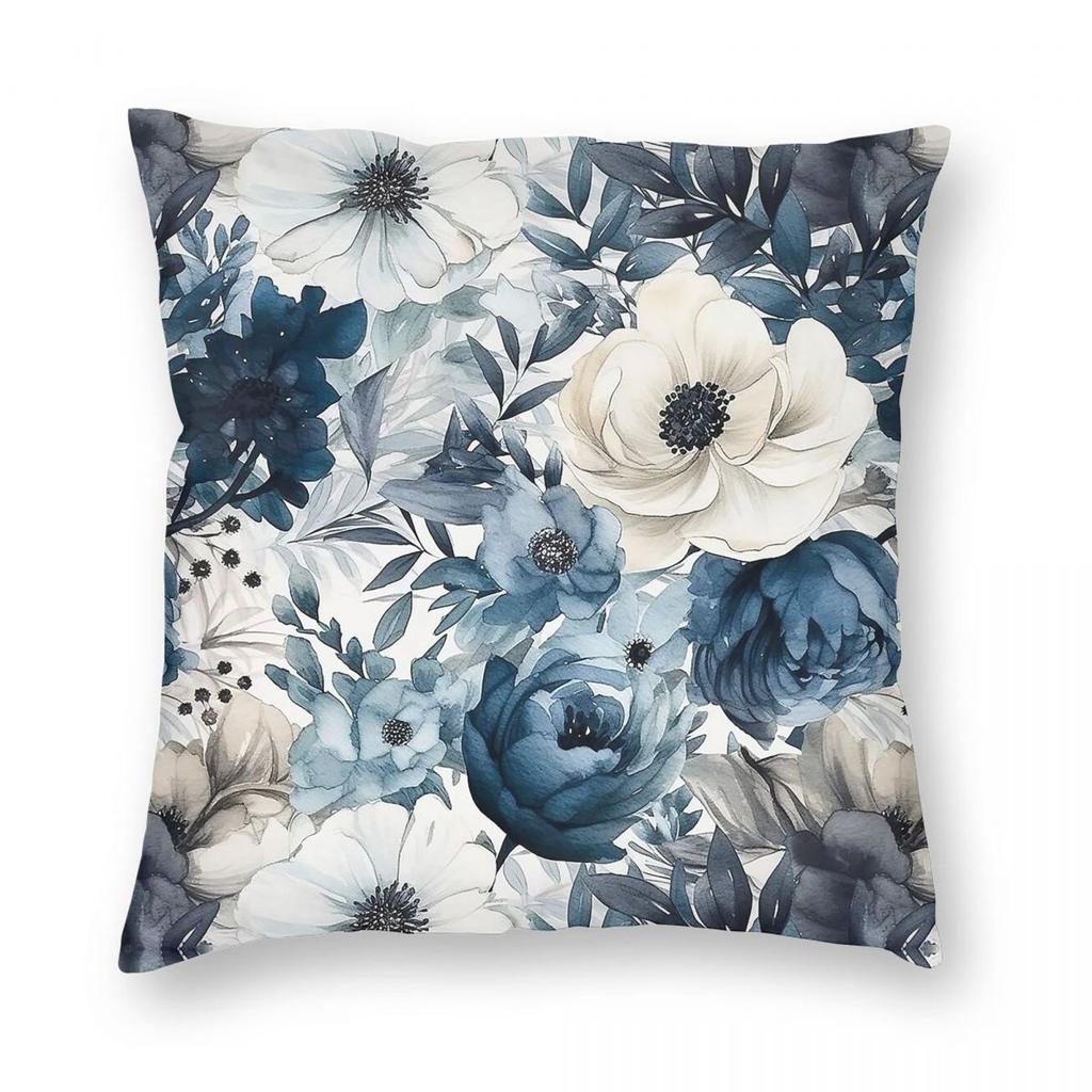Navy White Watercolor Flowers Square Pillowcase Polyester Linen Velvet Creative Decor Throw Pillow Case Home Cushion Cover