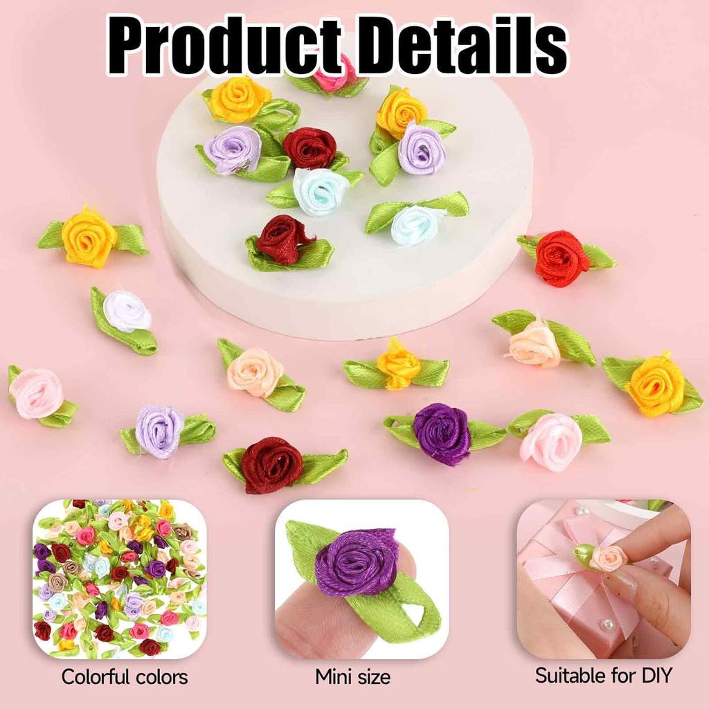 100 Pcs Mini Flowers for Crafts Multicolor Mini Roses Satin Roses with Green Leaves Small Satin Roses Tiny Artificial Fabric Flower Ornament Applique
