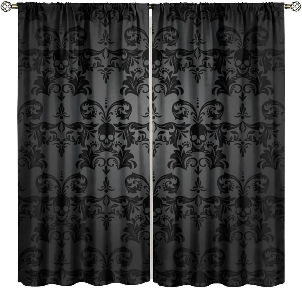 Gothic Black Damask Curtain Vintage Floral Exotic Suger Skull Window Treatments Bedroom Bone Skeleton Antique Bohemian Polyester Washable Ready