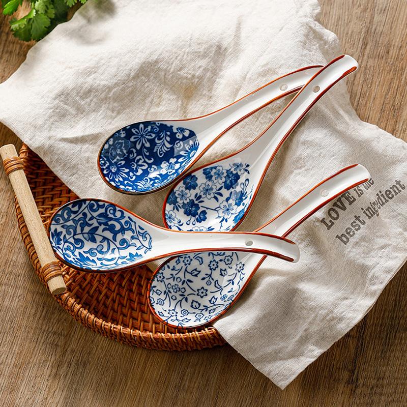 1Pc Blue And White Porcelain Soup Spoon Household Tableware Retro Japanese Style Ceramic Soup Spoons For Home Restaurant