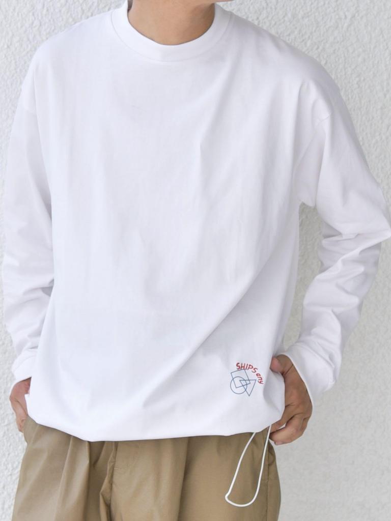 SHIPS Any T-shirt, Organic Cotton, Single Point Logo Print and Embroidery, Spindle, Long Sleeve, Men's, White, Size L, 712040059