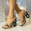 Liyke Fashion Design Fretwork Heels Slippers Sandals Women Sexy Leopard Print Square Toe Dress Party Shoes Summer Mules Slides