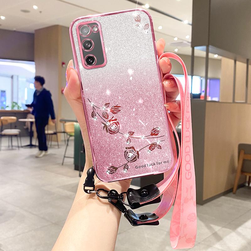 KADEM For Samsung Galaxy S20 FE 4G/FE 5G/S20 Lite/S20 FE 2022 Case Glitter TPU Flower Decor Phone Cover with Strap