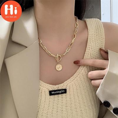 Hi Vintage Carved Coin Thick Chain OT Buckle Necklace Bohemian Punk Metal Coin Collar Choker Necklace Fashion Women Punk Jewelry