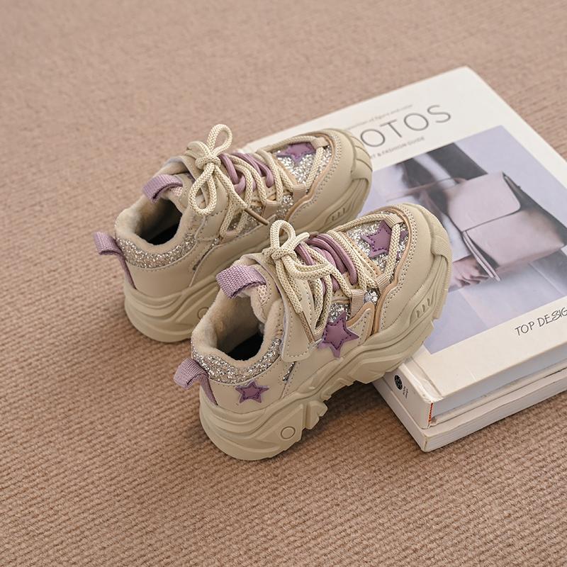 Girls Sports Shoes Fashion Classic Kids Casual Sneakers Children Running Shoes Air Mesh with Stars Breathable 2024 Winter New