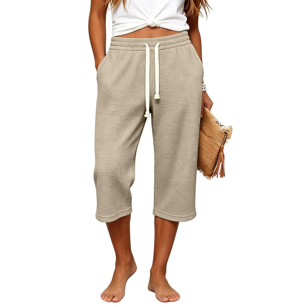 Women Waffle Knit Capri Pants High Waist Elastic Drawstring Casual Loose Fit Side Pockets Mid Length Lounge Pants Summer Wear