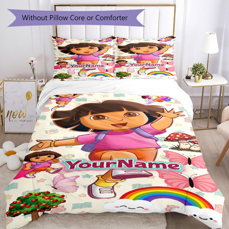 Dora Explorer Customize Your Name Bedding Set Breathable Duvet Cover with Pillowcases Home Decoration Birthday Gift