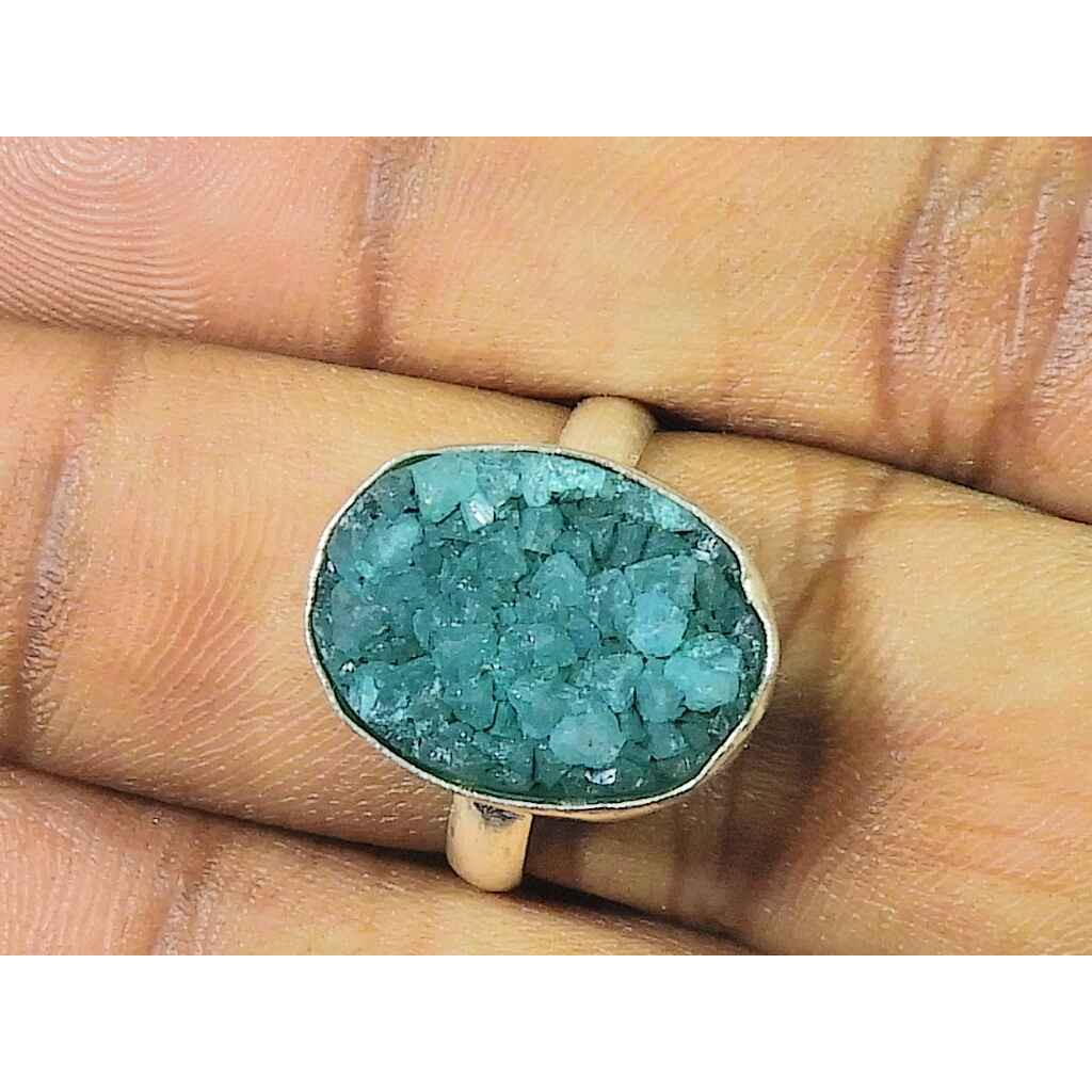 

11X14MM Dyed Druzy 925 Sterling Silver Oval Handmade Boho Ring Size US 7 MK-184