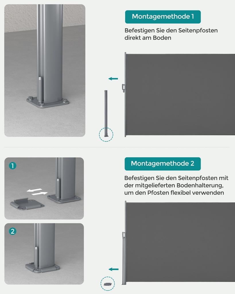 SONGMICS 180 x 350 cm (H x W), Side Awning for Balcony and Terrace, Privacy Protection, Sun Shade, Side Blind, Smoky Grey