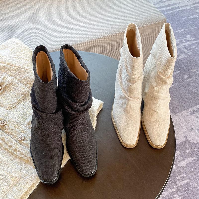 Versatile niche early summer flanged short tube linen cotton pleated short boots square head middle heel thin leg stacking boots