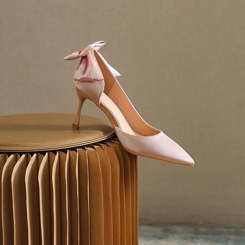 Fashion White Pointed-Toe Bow Stiletto High Heels, Women'S Side-Open Sandals, Satin Shallow Toe Single Shoes